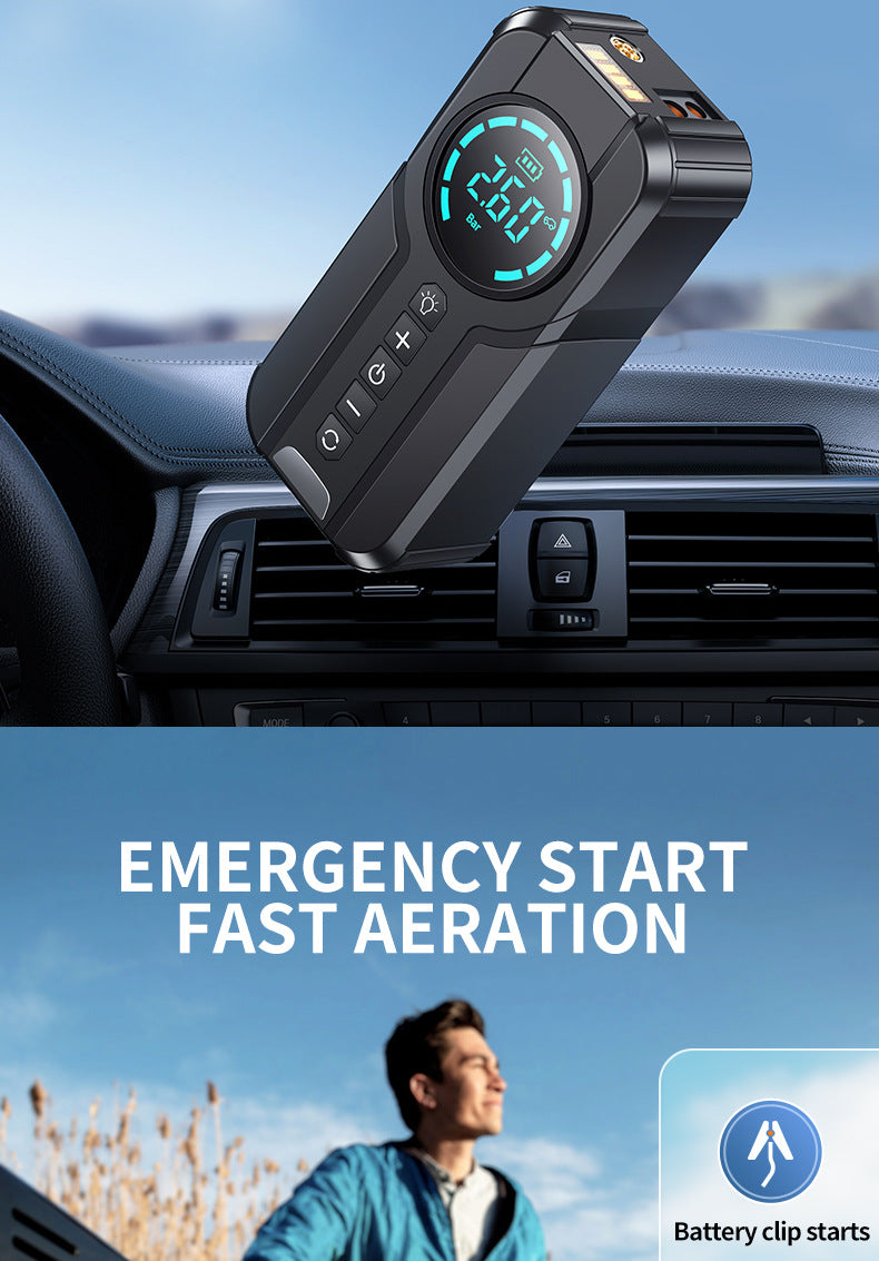 12V wireless jump starter for cars, including air pump and jump-start device.