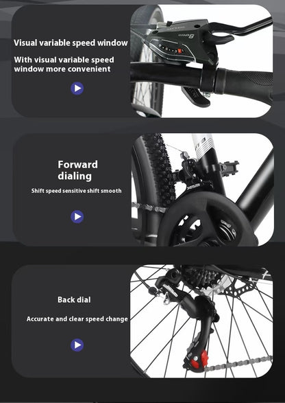 26-inch MTB bicycle with dual disc brakes, suspension fork, and 21 speeds.