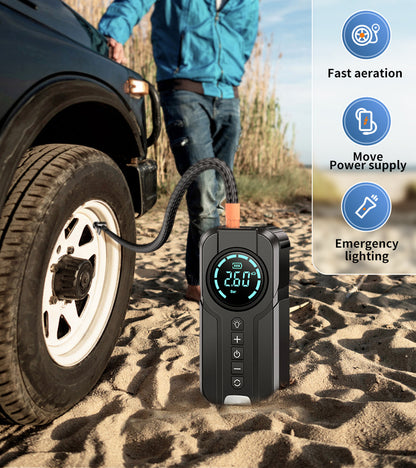 12V wireless jump starter for cars, including air pump and jump-start device.