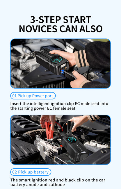 12V wireless jump starter for cars, including air pump and jump-start device.