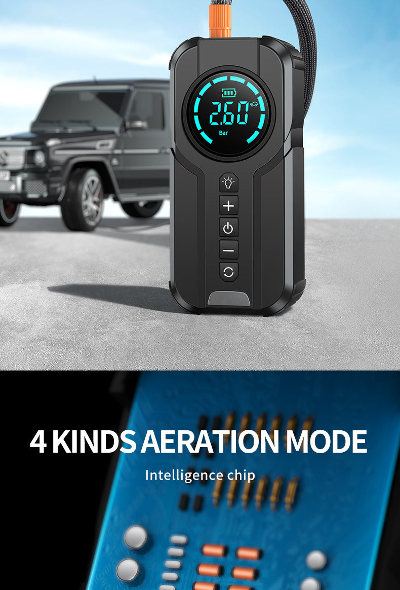 12V wireless jump starter for cars, including air pump and jump-start device.