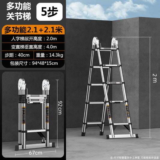Multifunctional stainless steel telescopic folding A-frame ladder for home use.