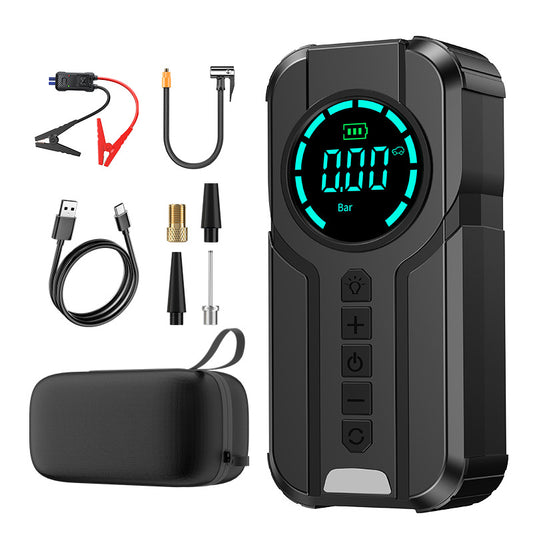 12V wireless jump starter for cars, including air pump and jump-start device.